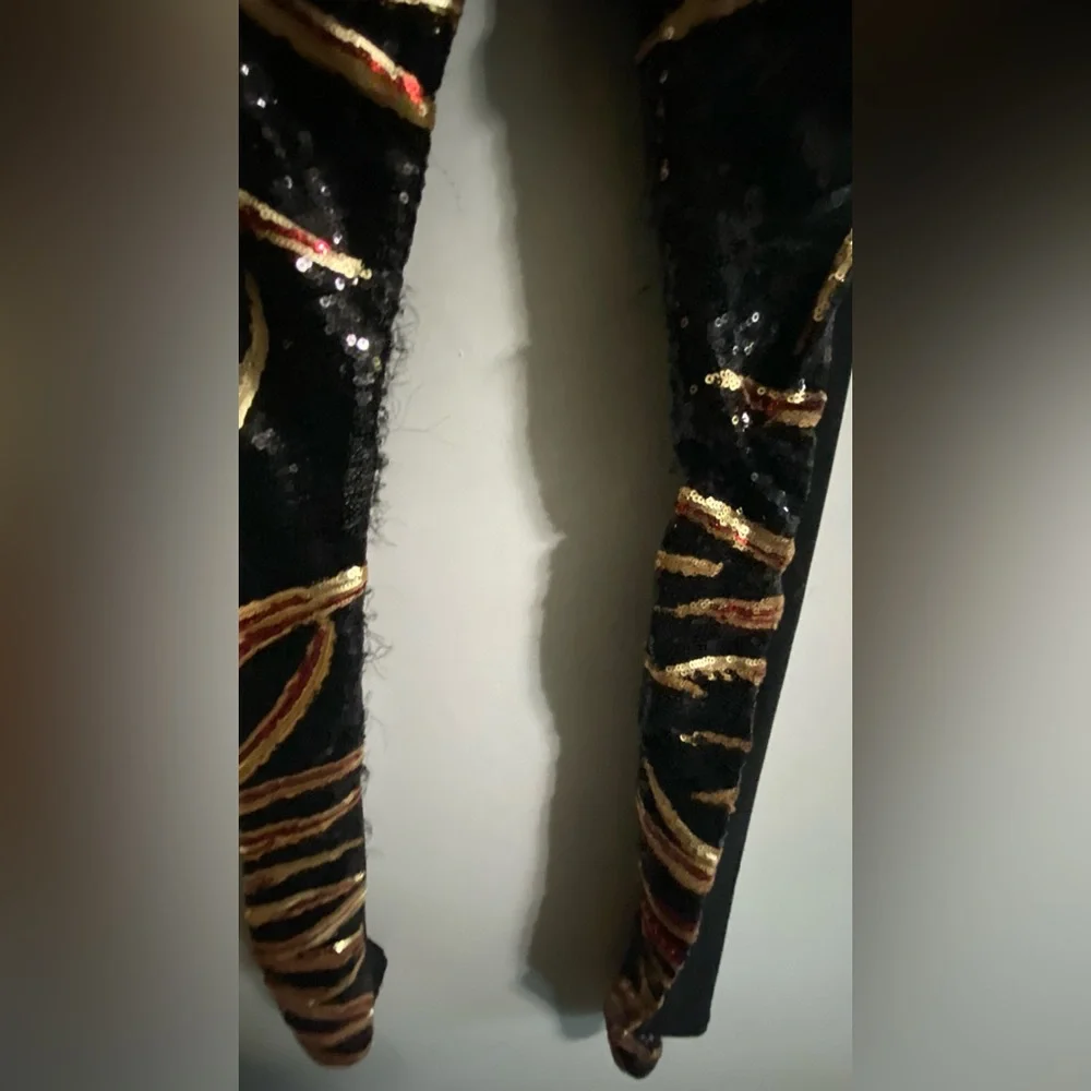 Sequence Open Back Black Red and Gold Long Sleeve Pant Bodysuit Womens Sz Small - Picture 4 of 8